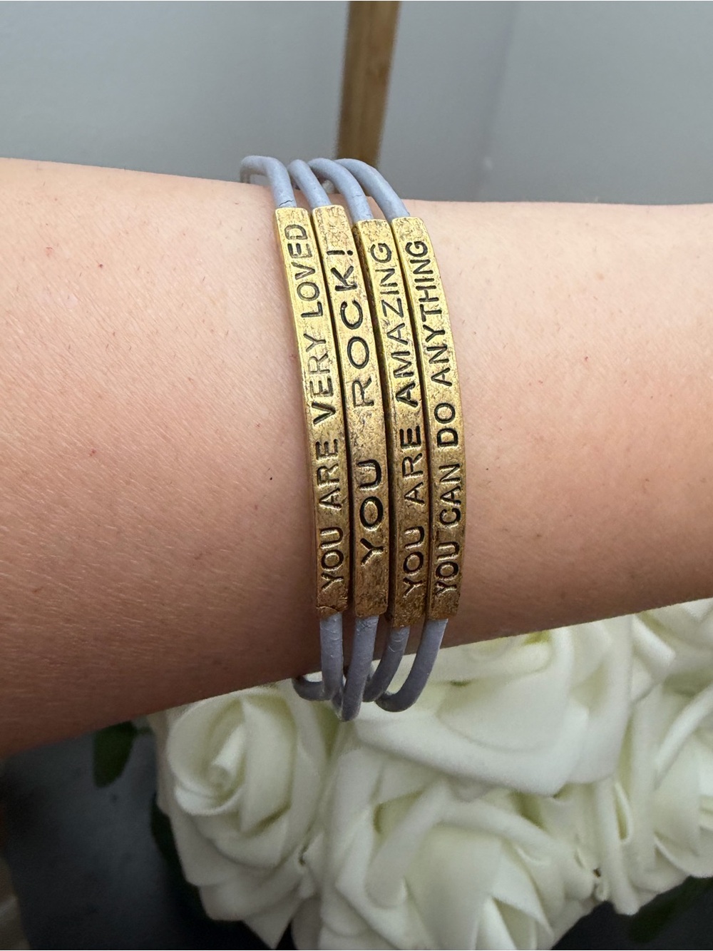 Inspirational Lavender Leather Wrap Bracelet with Gold Tone Message Bars